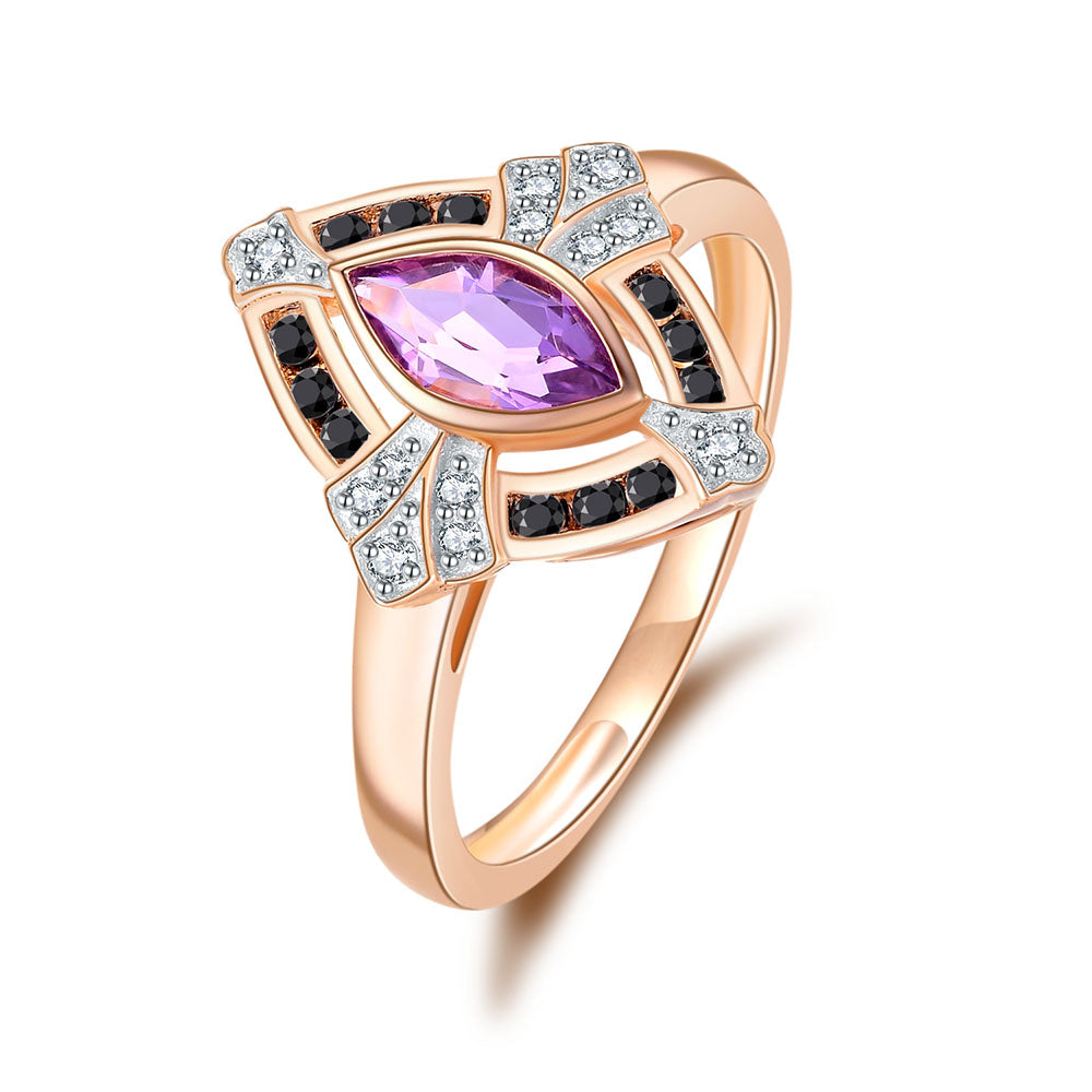 9k Rose Gold Pink Amethyst / Black Sapphire and Diamond Ring