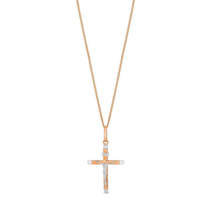 9k Rose Gold and Rhodium Plated Crucifx pendant on gold plated chain