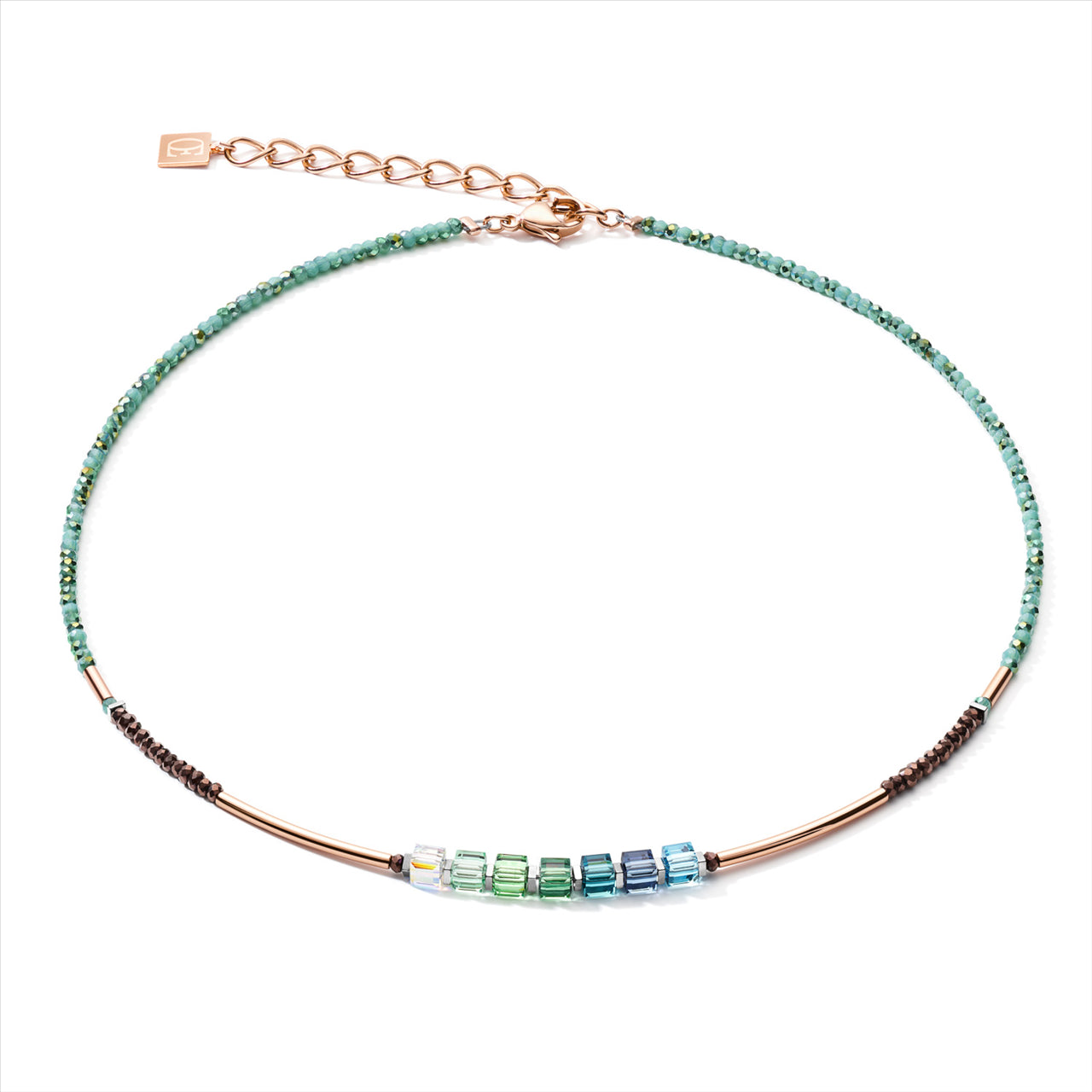 Geo Cube Petrol Blue Green, Hematite & Rose Gold Necklace