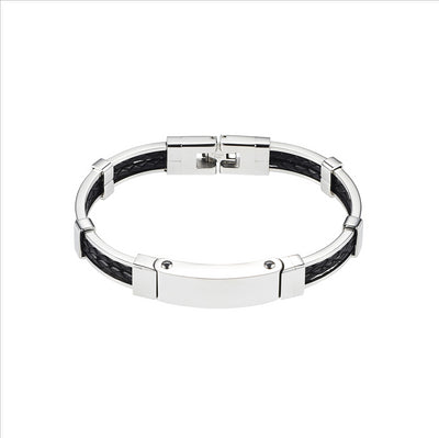 Polished Stainless Steel Bracelet with Double Strand Braided Black Leather