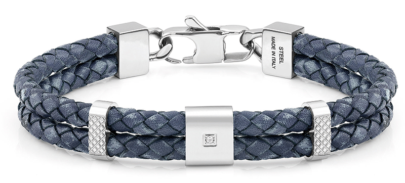 Nomination - Tribe Ethno Bracelets In Stainless Steel & Double Blue Leather with Cubic Zirconia