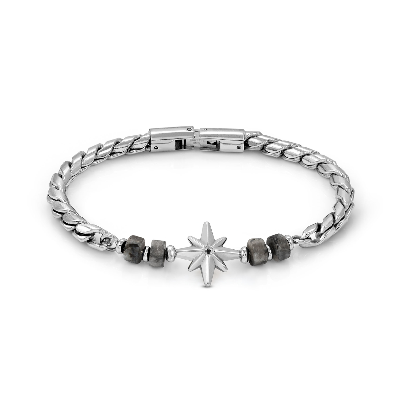 Nomination Atlante Stones Edition Bracelet In Stainless Steel & Natural Stones Wind Rose Grey Jasper