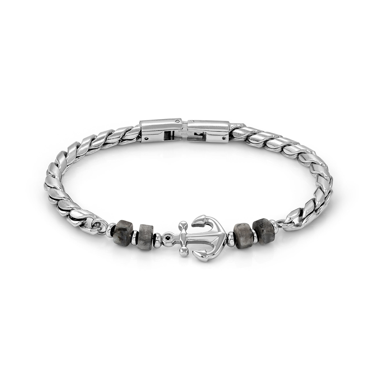 Nomination Atlante Stones Edition Bracelet In Stainless Steel & Natural Stones Grey Jasper With Anchor