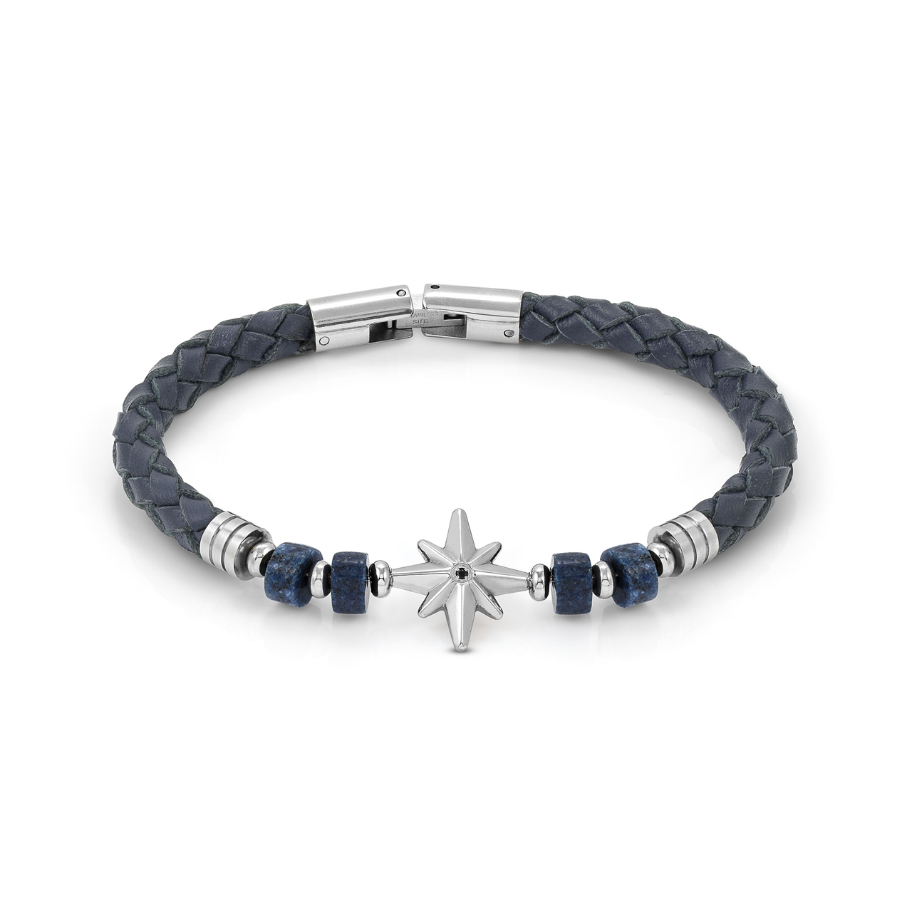 Nomination Atlante Stones Edition Bracelet In Stainless Steel, Leather And Natural Stones Wind Rose Sodalite with Star