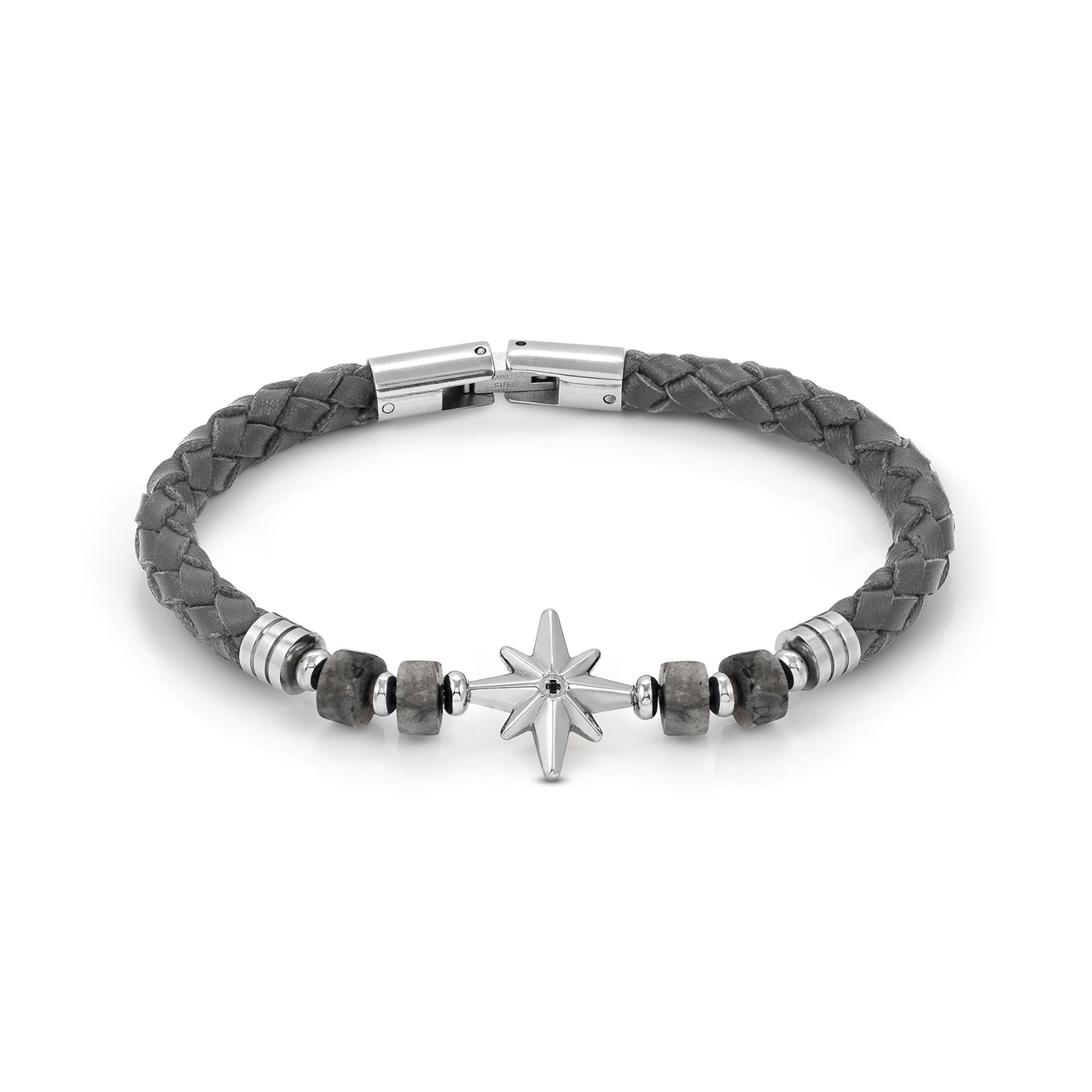 Nomination Atlante Stones Edition Bracelet In Stainless Steel, Leather And Natural Stones Wind Black Agate with Star