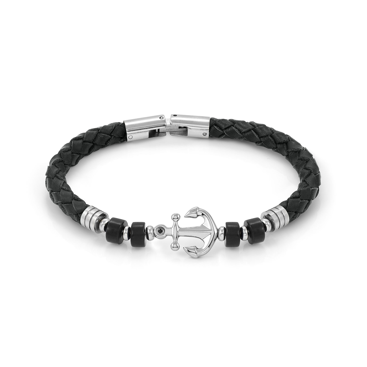 Nomination Atlante Stones Edition Bracelet In Steel, Leather And Natural Stones Black Agate with Anchor