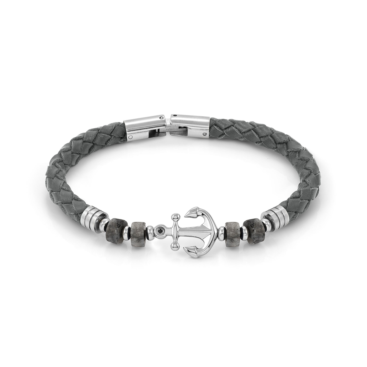 Nomination Atlante Stones Edition Bracelet In Stainless Steel, Leather And Natural Stones  Grey Jasper with Anchor