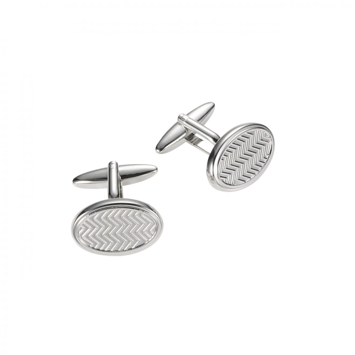 RHODIUM PLATED OVAL HERINGBONE PATTERNED CUFFLINKS