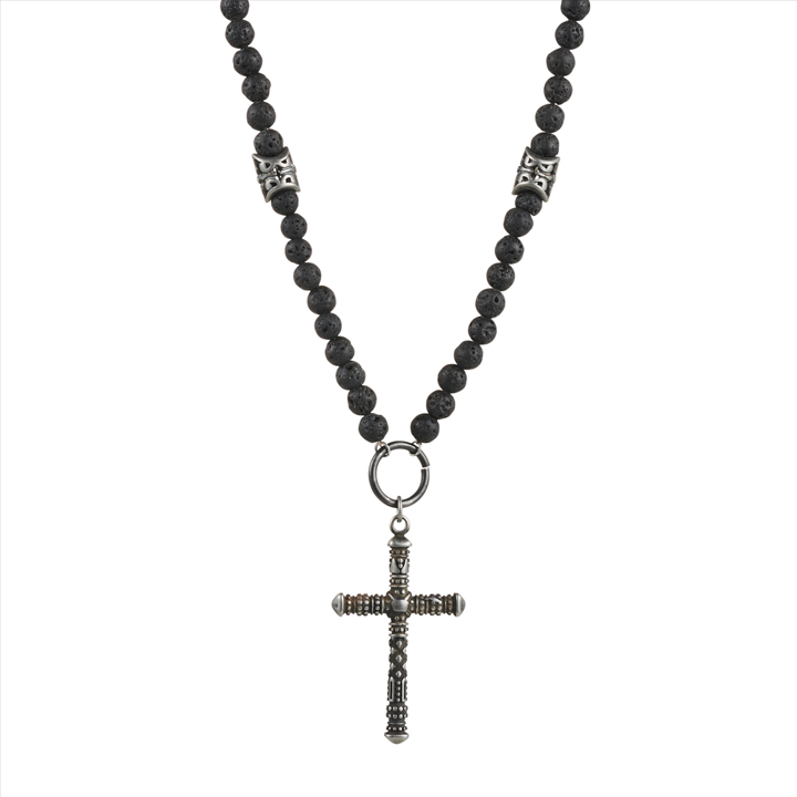 Stainless Steel Antique plated Cross + Lava Rock Bead Neck Chain