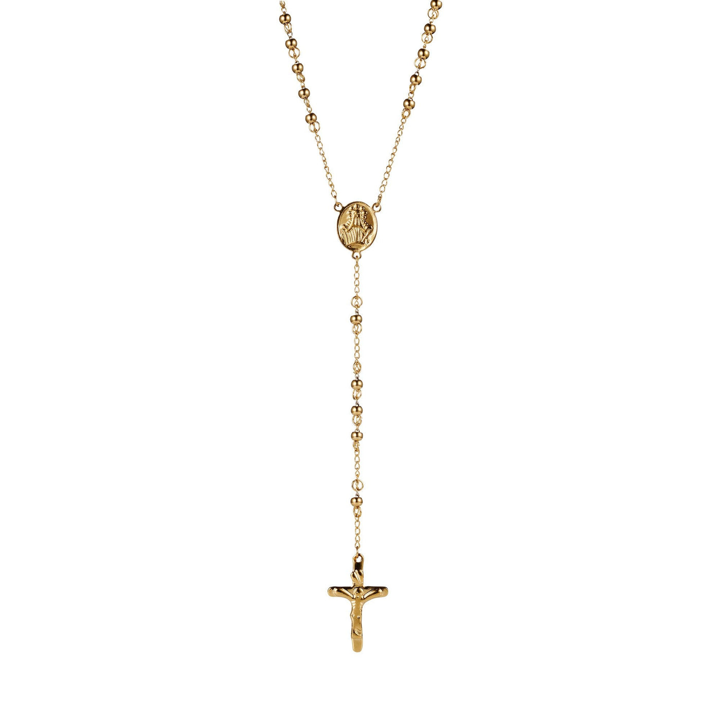 Ion Plated 14k Yellow Gold Stainless Steel Rosery Bead Cross Pendant- Cudworth