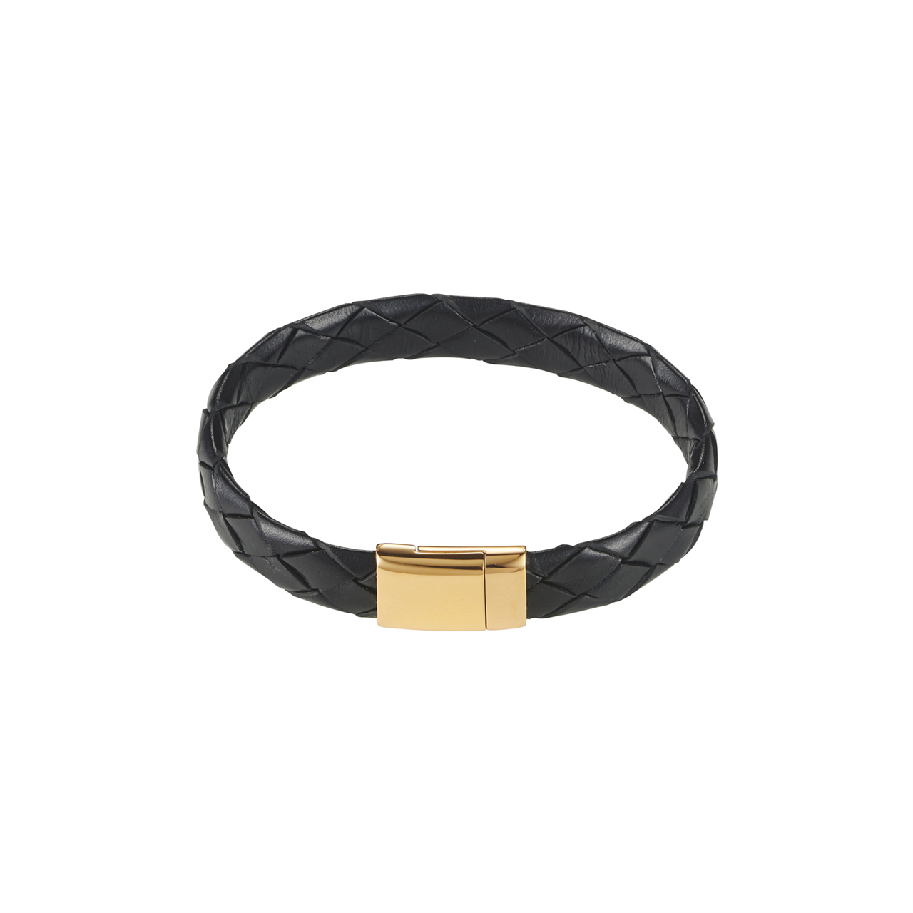 ION PLATED 14K GOLD STAINLESS STEEL/BLACK CALF LEATHER BRACELET
