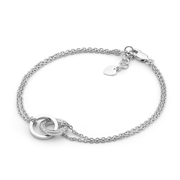 Ellani Sterling  Silver DBLE CHAIN BLET + LINKED CIRCLES 1XWH CZ