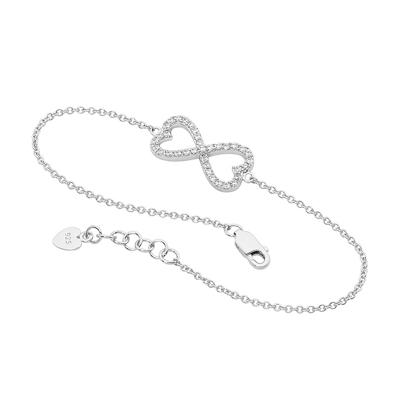 Ellani Sterling  Silver Double Heart Infinity Bracelet all White CZ