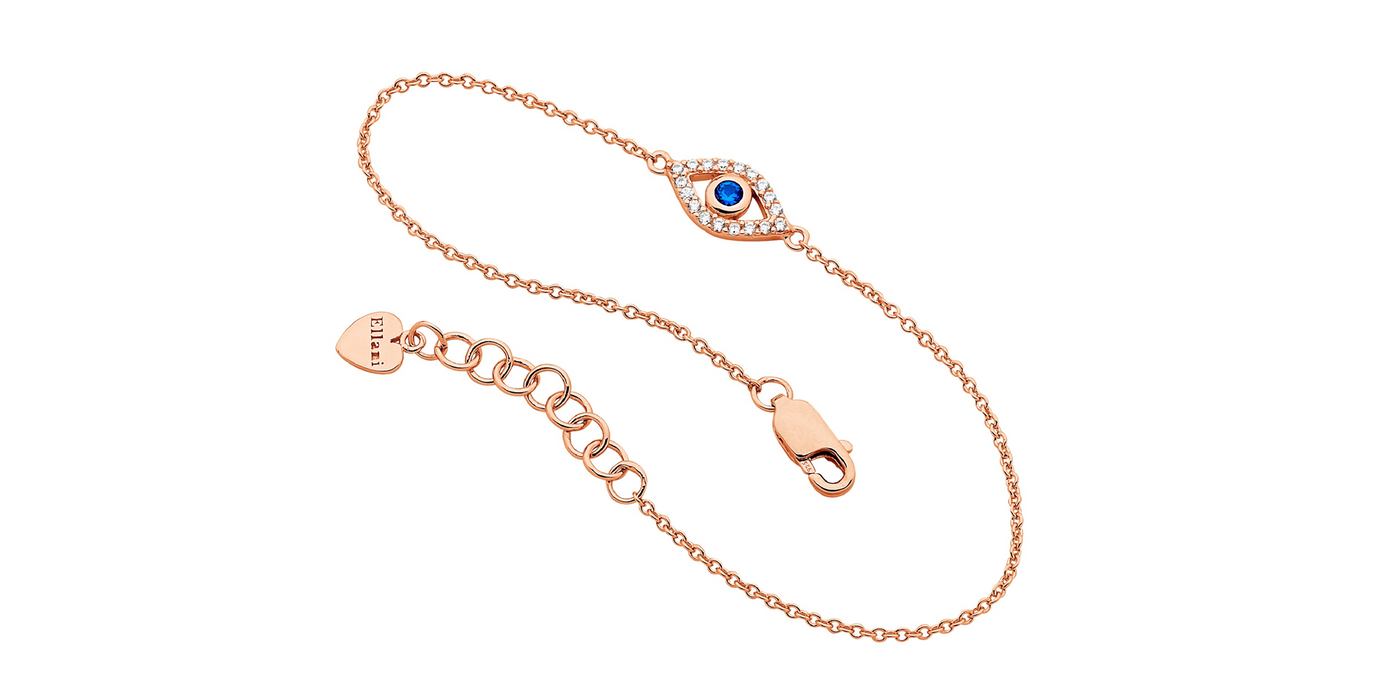 Ellani Sterling  Silver with & blue CZ bezel set evil eye bracelet  with rose gold plating