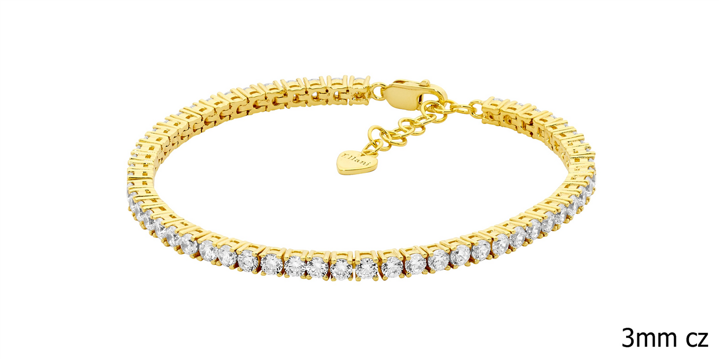 Ellani Sterling  Silver White CZ 3mm tennis bracelet  with ext chain & gold plating