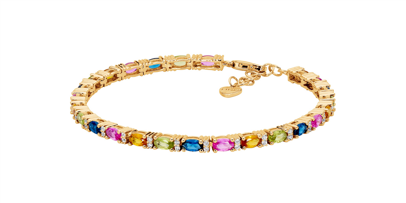 Ellani Sterling  Silver multi colour oval & with rnd cz 18cm tennis bracelet, gold plating  with ext chain