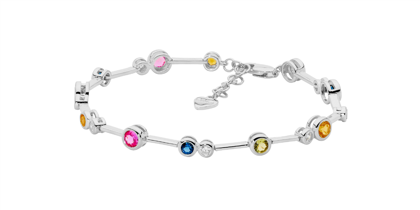 Ellani Sterling  Silver bezel set multi colour cz bar bracelet  with ext chain