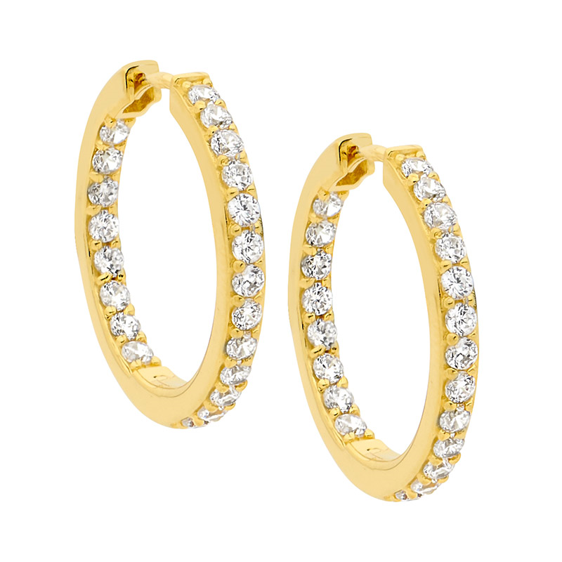 Sterling Silver white cz Inside Out 23mm Rnd Gold Plated Hoops