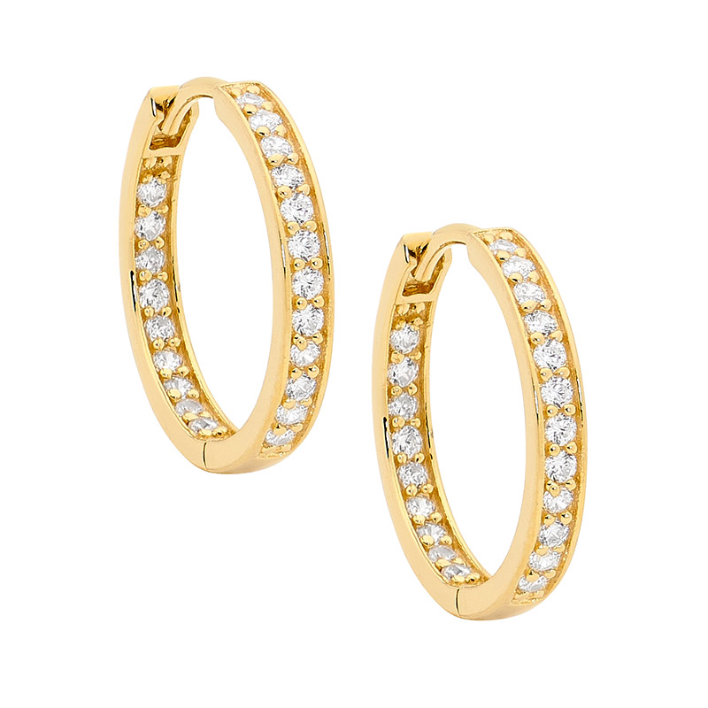 Sterling Silver white cz SINGLE ROW INSIDE OUT 18MM HOOP EARRINGS  with GOLD PLATING