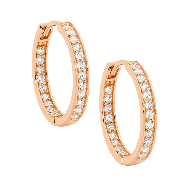 Sterling Silver white cz SINGLE ROW INSIDE OUT 18MM HOOP EARRINGS  with ROSE GOLD PLATING