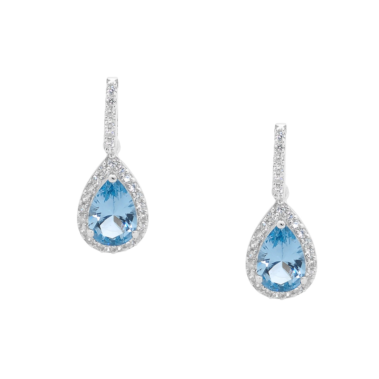 Sterling Silver Blue CZ Pear Drop Earrings  with  white cz surround