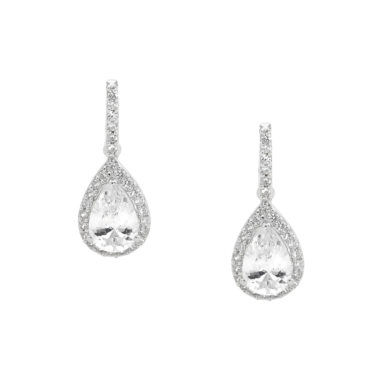 Sterling Silver white cz Pear Drop Earrings  with  cz surround