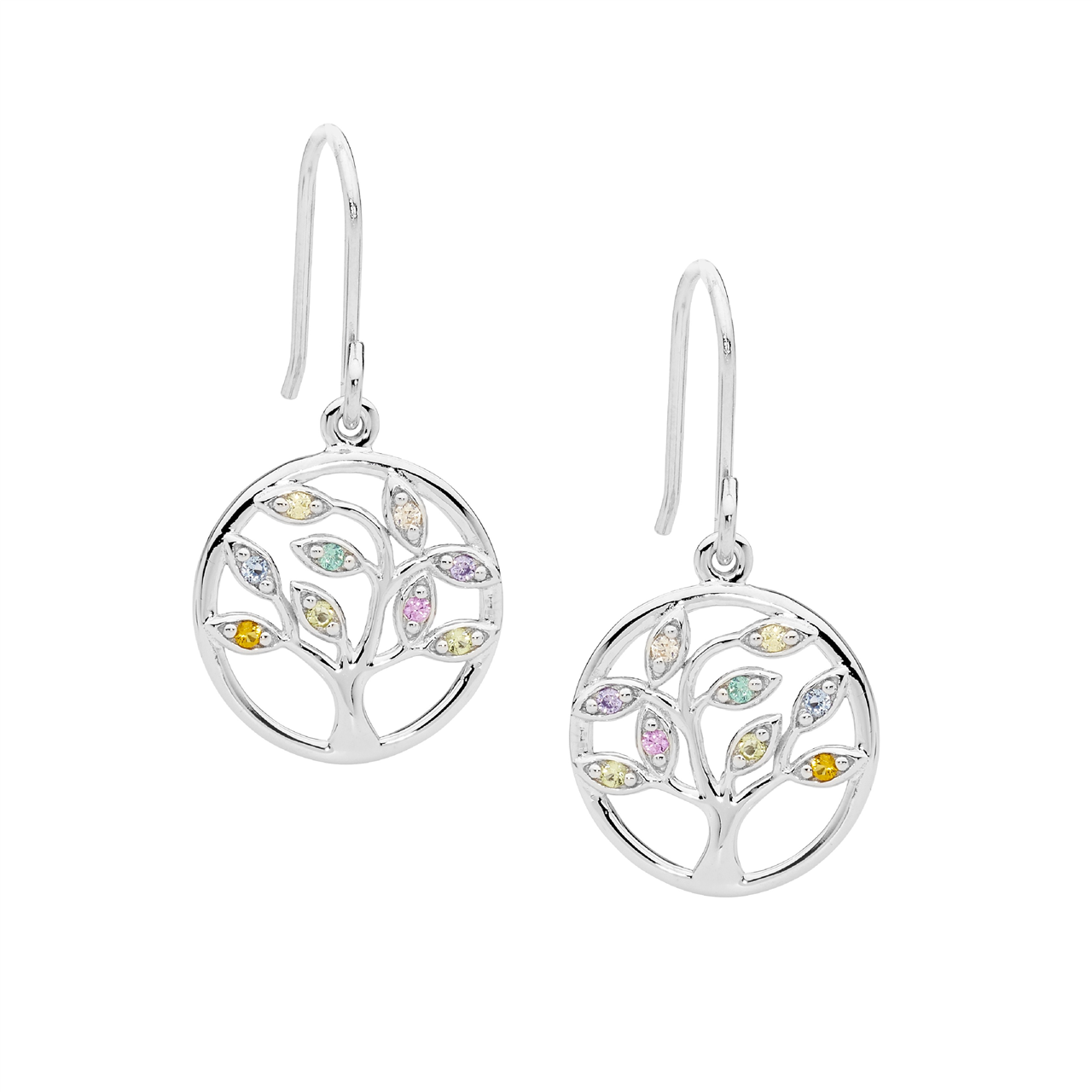 Sterling Silver multi colour cz tree of life earrings on shepherds hook