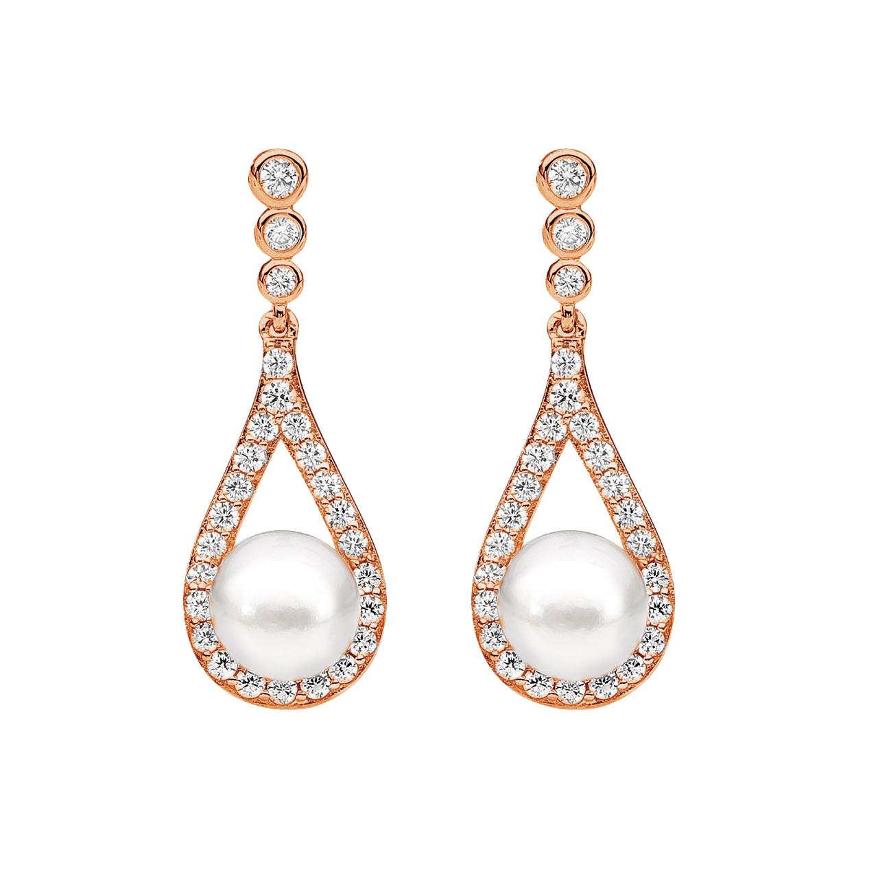Sterling Silver white cz bezel stud,open tear drop, freshwater pearl earrings,Rose Gld Plating