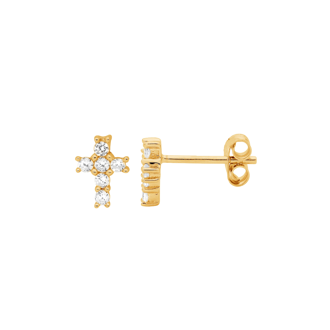 Sterling Silver white cz CLAW SET SMALL cross STUDS  with GOLD PLATING