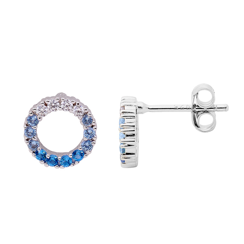 Sterling Silver 9mm open circle earrings  with  ombr√© white & blue cz