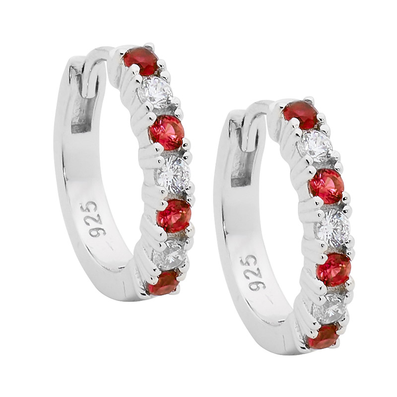 Sterling Silver 14mm hoop earrings  with  white & red CZ