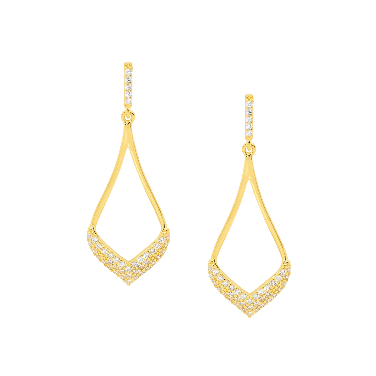 STG SILVER OPEN TEAR DROP EARRINGS 40MM W WHITE CZ PAVE & GOLD PLATING