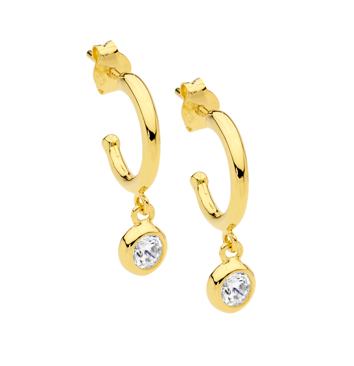 Sterling Silver 13mm hoop earrings, white cz bezel drop  with  gold plating