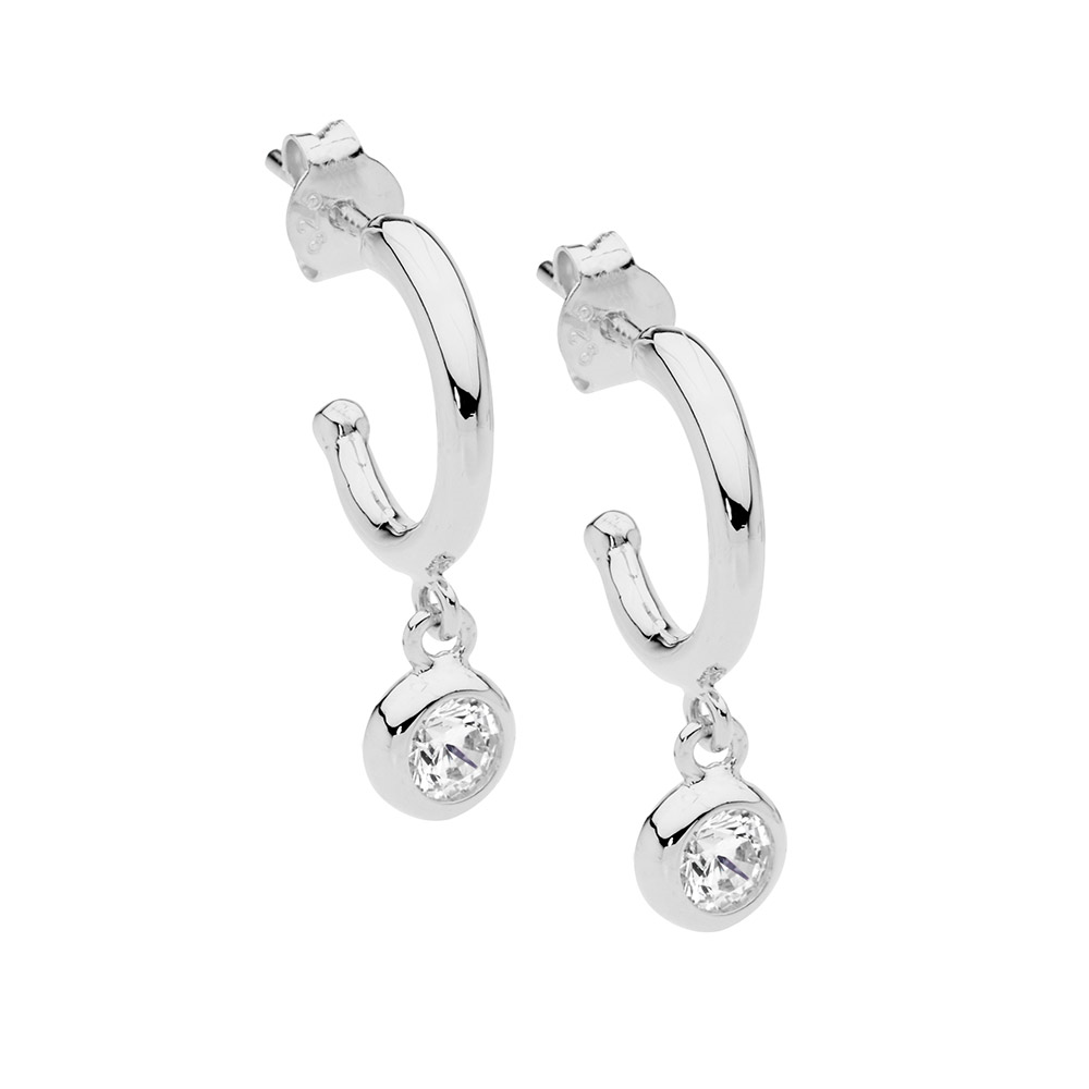 Sterling Silver 13mm hoop earrings, white cz bezel drop