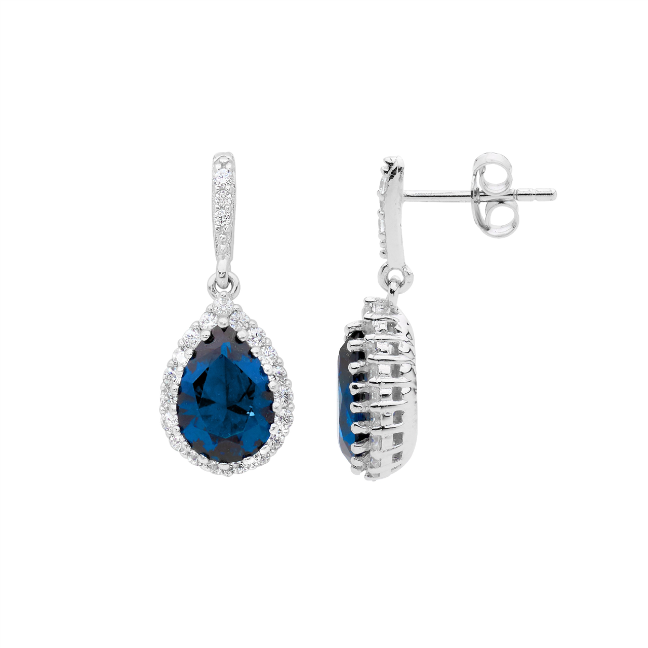 STG SILVER LONDON BLUE PEAR CZ WHITE CZ SURROUND DROP EARRINGS
