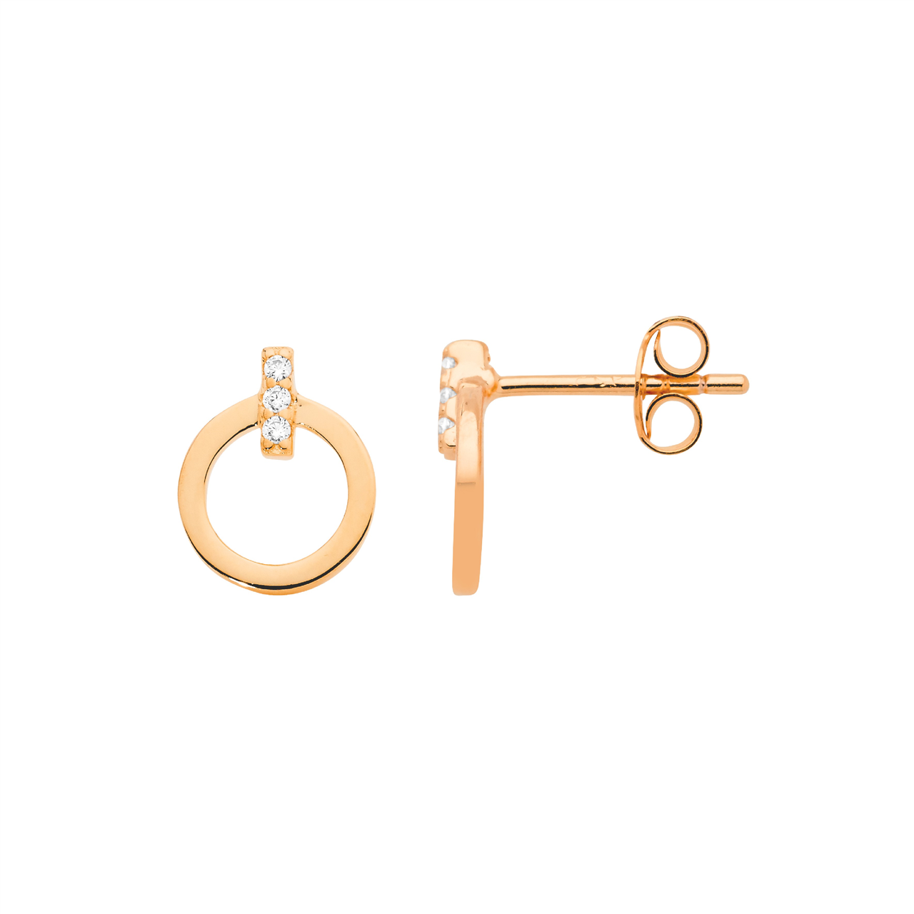 Sterling Silver 9mm open circle, white cz bar feature stud earrings,  with  rose gold plating