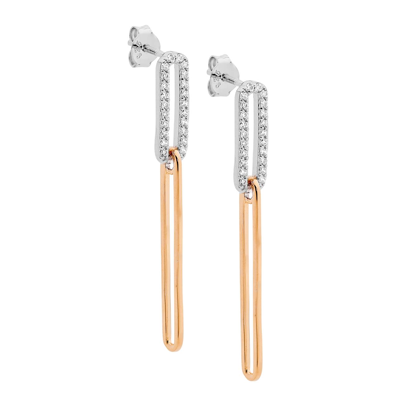 Sterling Silver white cz open oval link drop earrings  with  rose gold plating