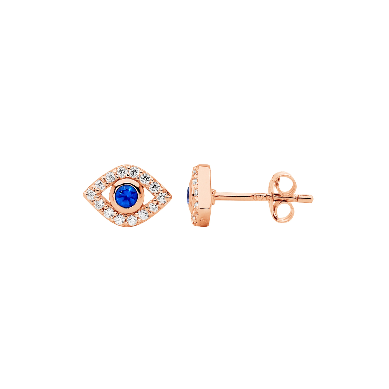 Sterling Silver with & blue CZ bezel set evil eye earrings  with rose gold plating