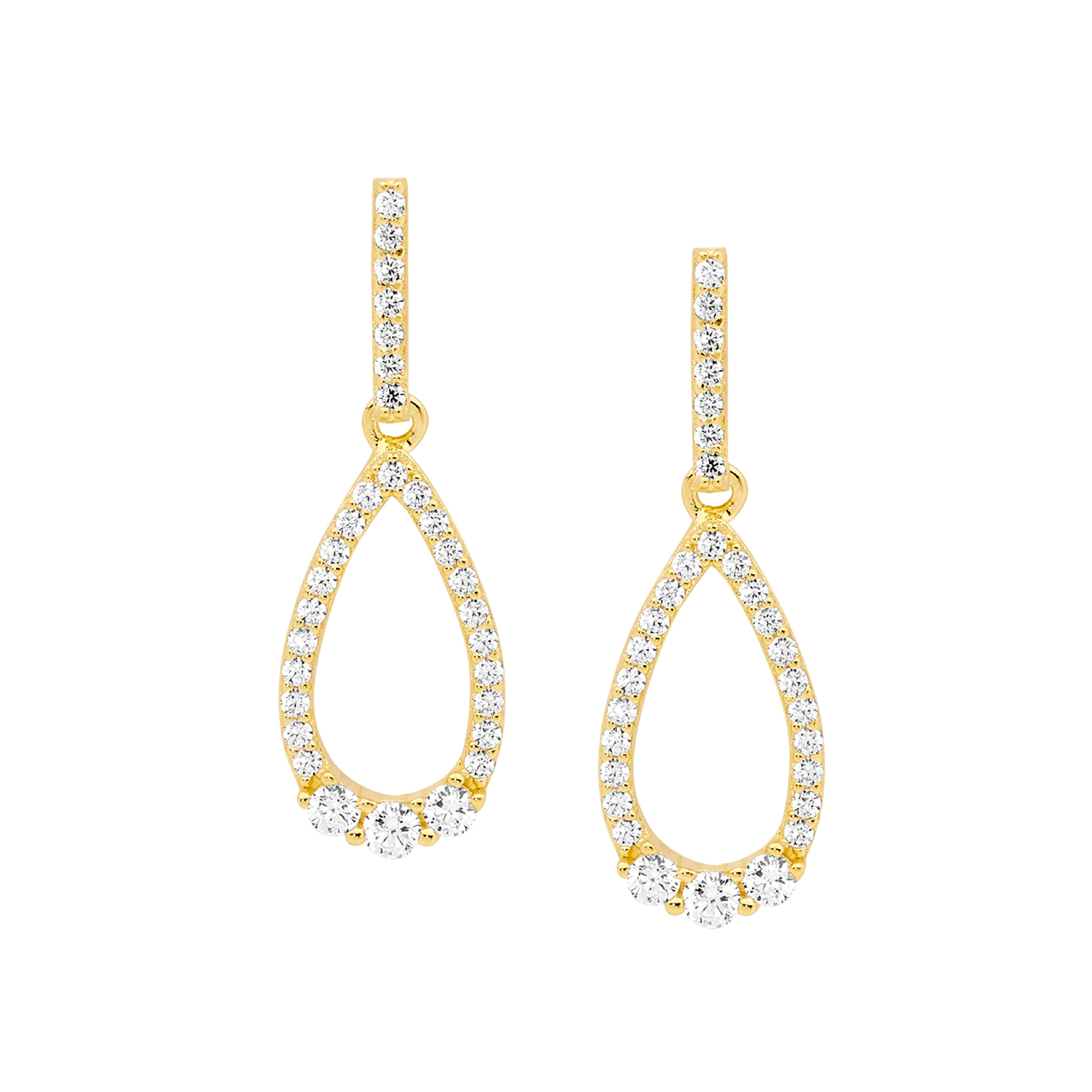 Sterling Silver white cz open tear drop earrings,3x cz feature  with gold plating