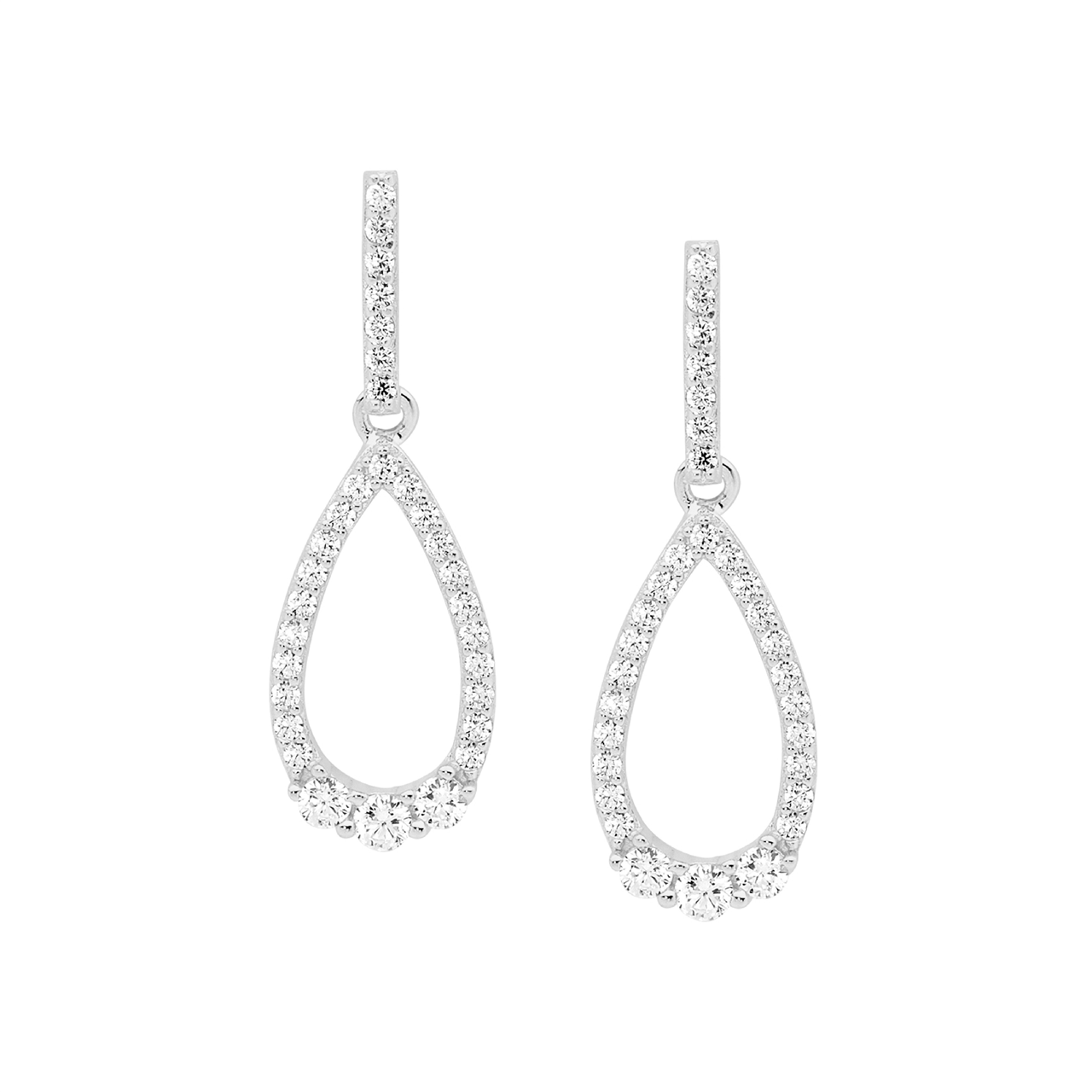 Sterling Silver white cz open tear drop earrings,3x cz feature