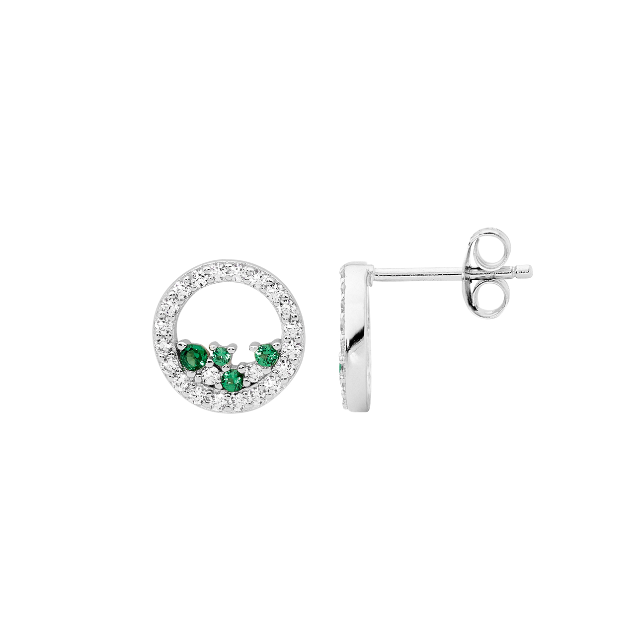 Sterling Silver white cz 10mm open circle earrings  with  scattered green & white cz