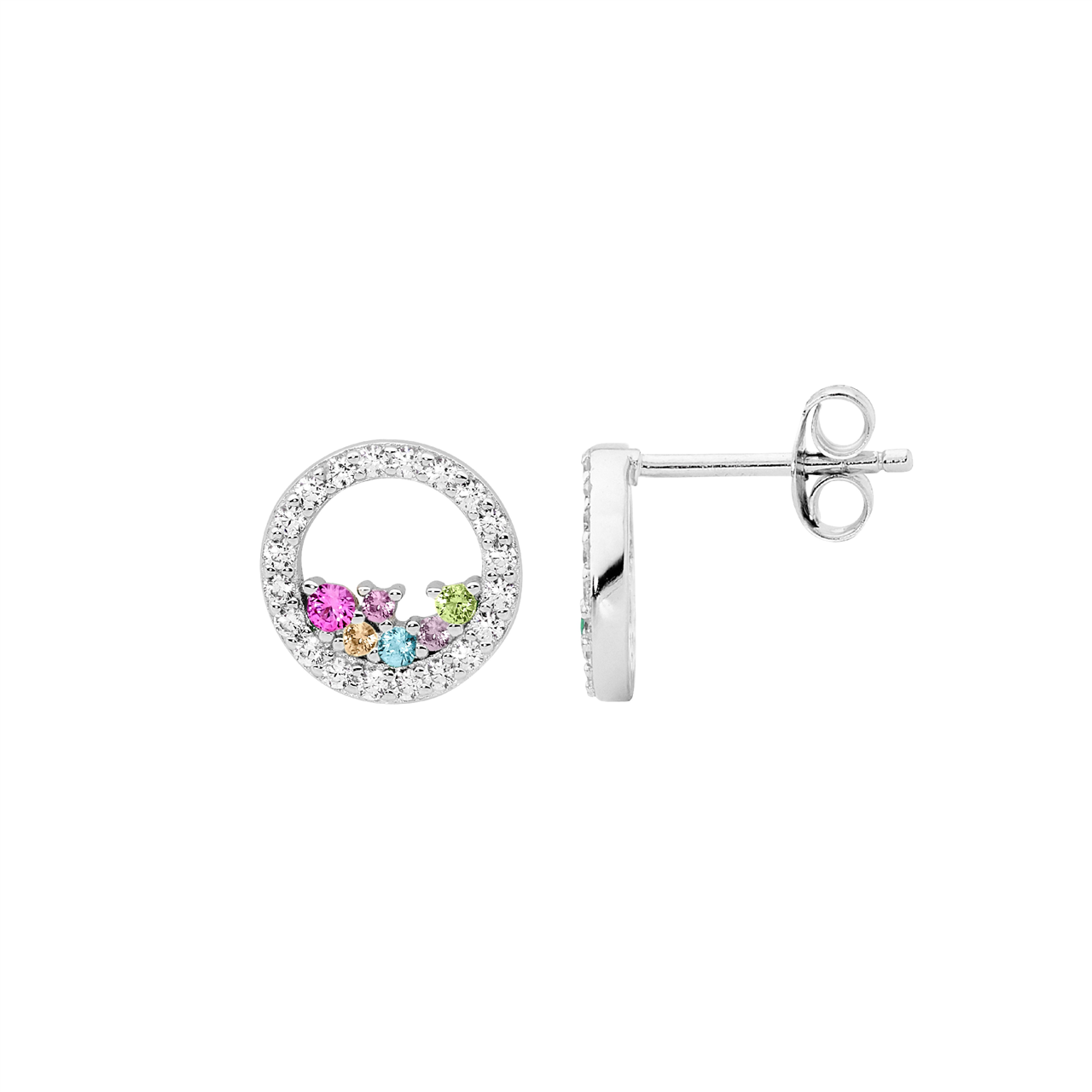 Sterling Silver white cz 10mm open circle earrings  with  scattered pastel colour cz