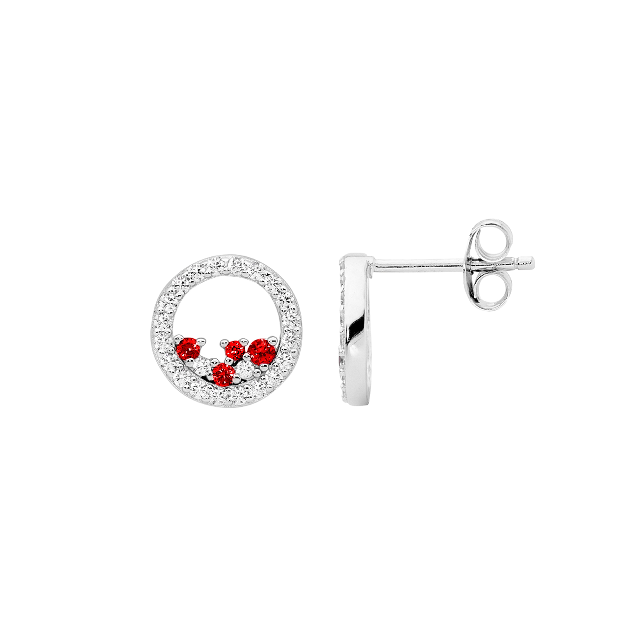 Sterling Silver white cz 10mm open circle earrings  with  scattered red & white cz