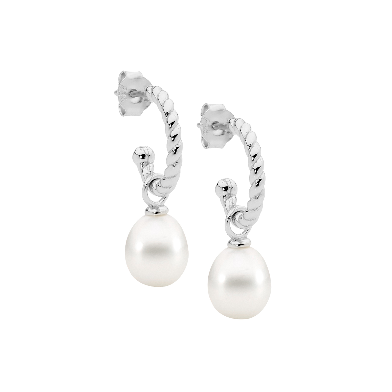 Sterling Silver 13mm twist hoop earrings, freshwater pearl drop