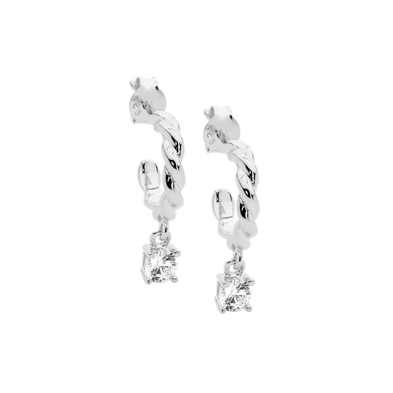 Sterling Silver 13mm twist hoop earrings, white cz claw set drop