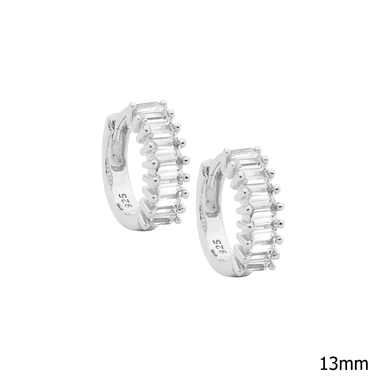 Sterling Silver white cz baguette claw set 13mm hoop earrings