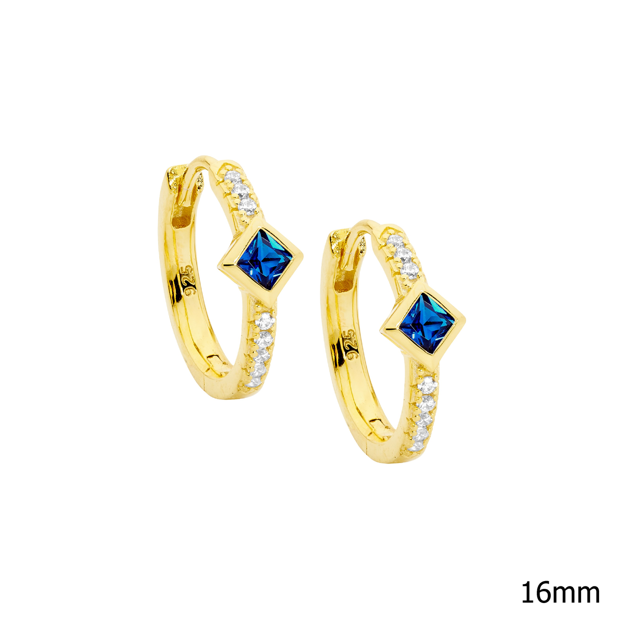 Sterling Silver white cz 16mm hoop earrings, dk blue cz Princess cut bezel set  with gold plating