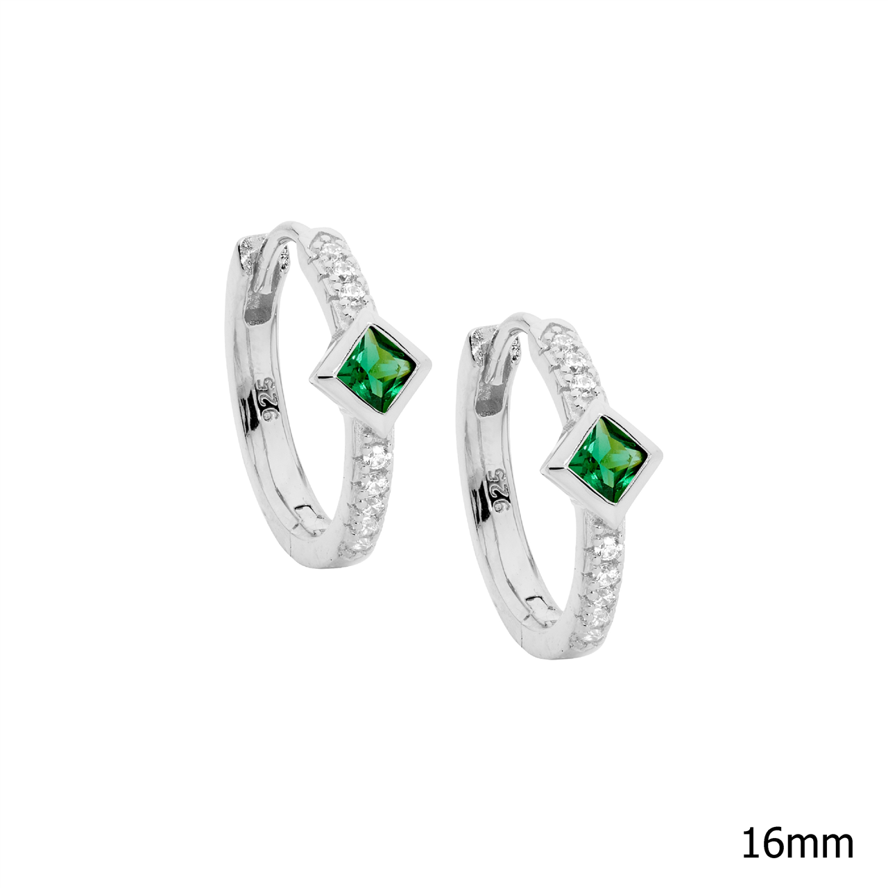 Sterling Silver white cz 16mm hoop earrings, green cz Princess cut bezel set