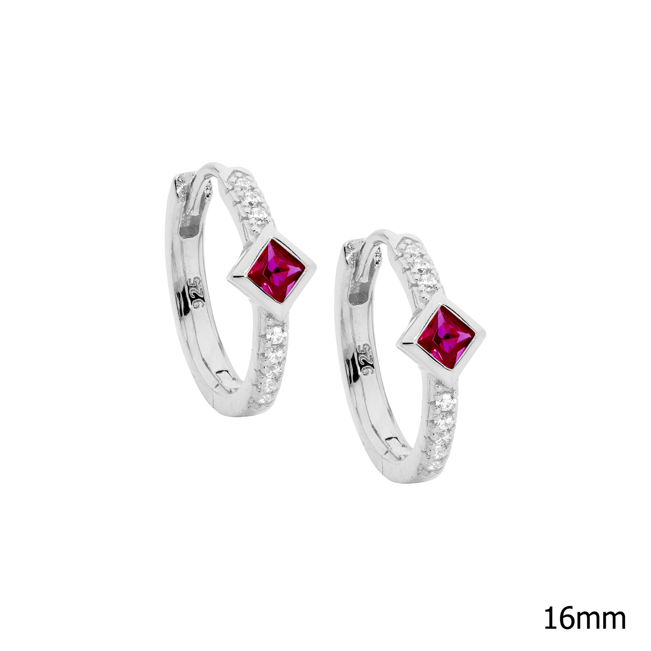 Sterling Silver white cz 16mm hoop earrings, red cz Princess cut bezel set