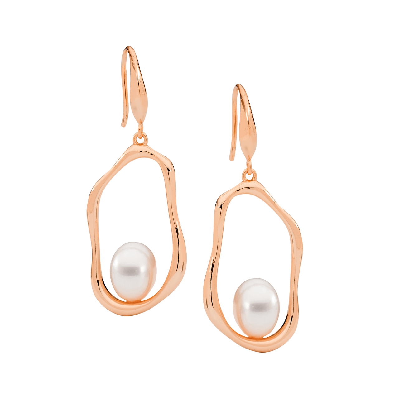 Sterling Silver open wave oval earrings  with  freshwater pearl on shp/hook, rose gold plating